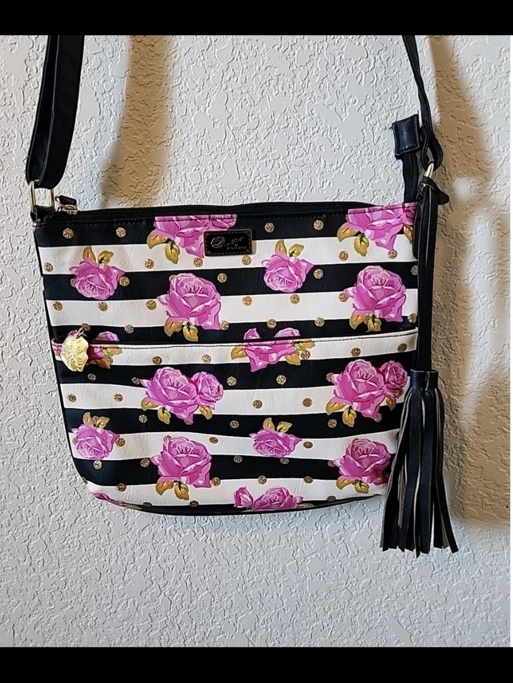 BETSEY JOHNSON Black & White Striped Floral Shoulder And Crossbody Bag 12x10in